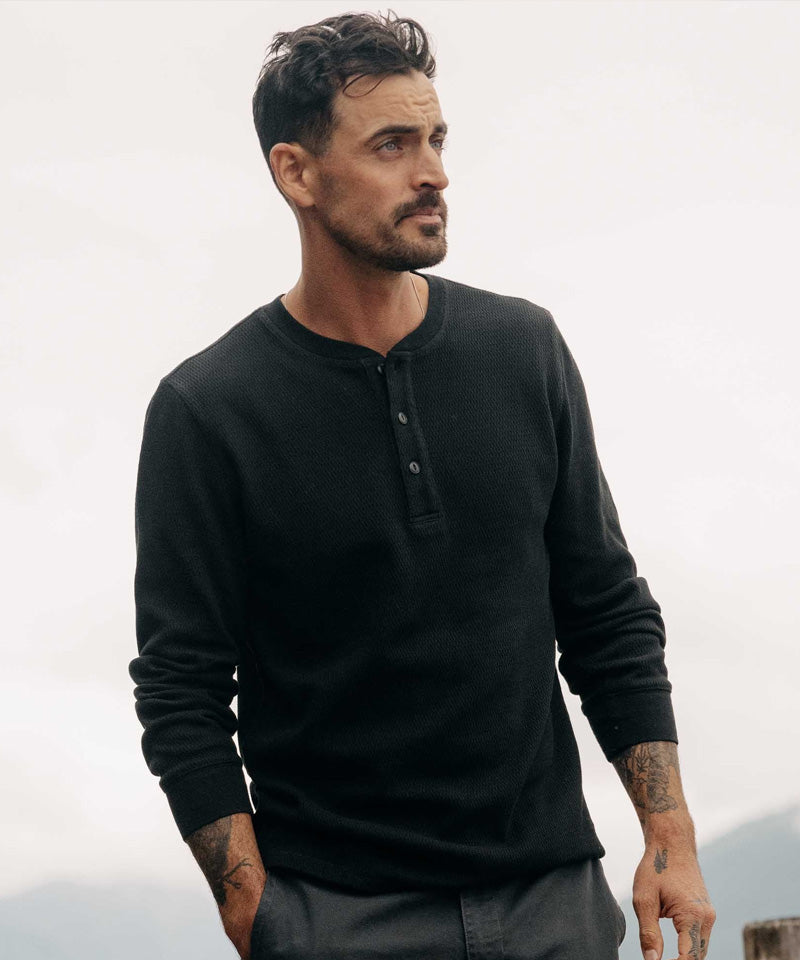 The Organic Cotton Waffle Henley in Faded Black