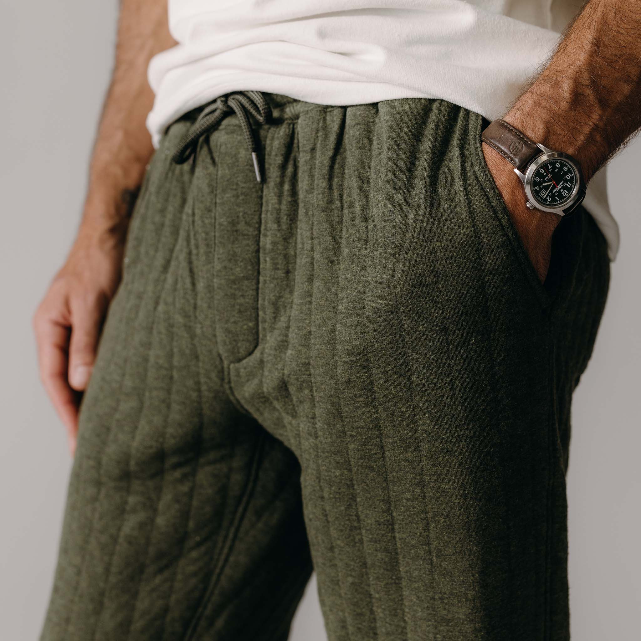 The Quilted Apres Pant in Heather Marine Herringbone