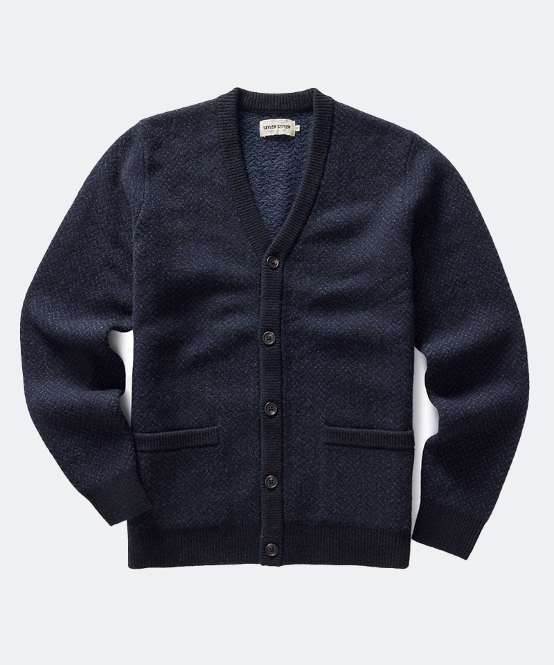 The Eddy Cardigan in Heather Marine Herringbone